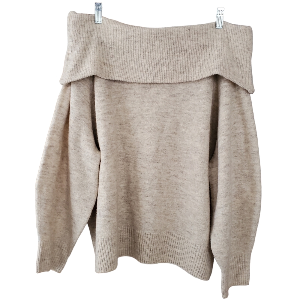 H&M off the shoulder knit sweater wool blend beige oatmeal balloon sleeve large - Picture 2 of 7